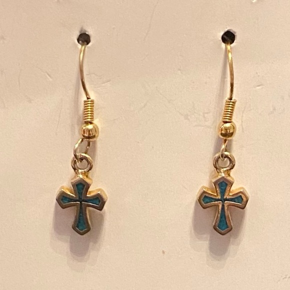 Dainty Gold and Turquoise Cross Dangle Earrings - Picture 4 of 6